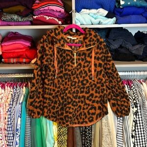 Loft hooded copper/black cheetah print quarter zip fuzzy sweater size XS